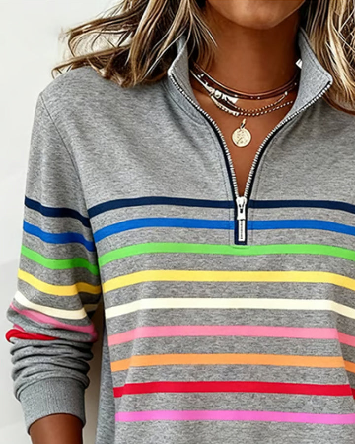 Vibrant long-sleeve zipper top for women, a loose-fit, trendy design ideal for spring and fall comfort.