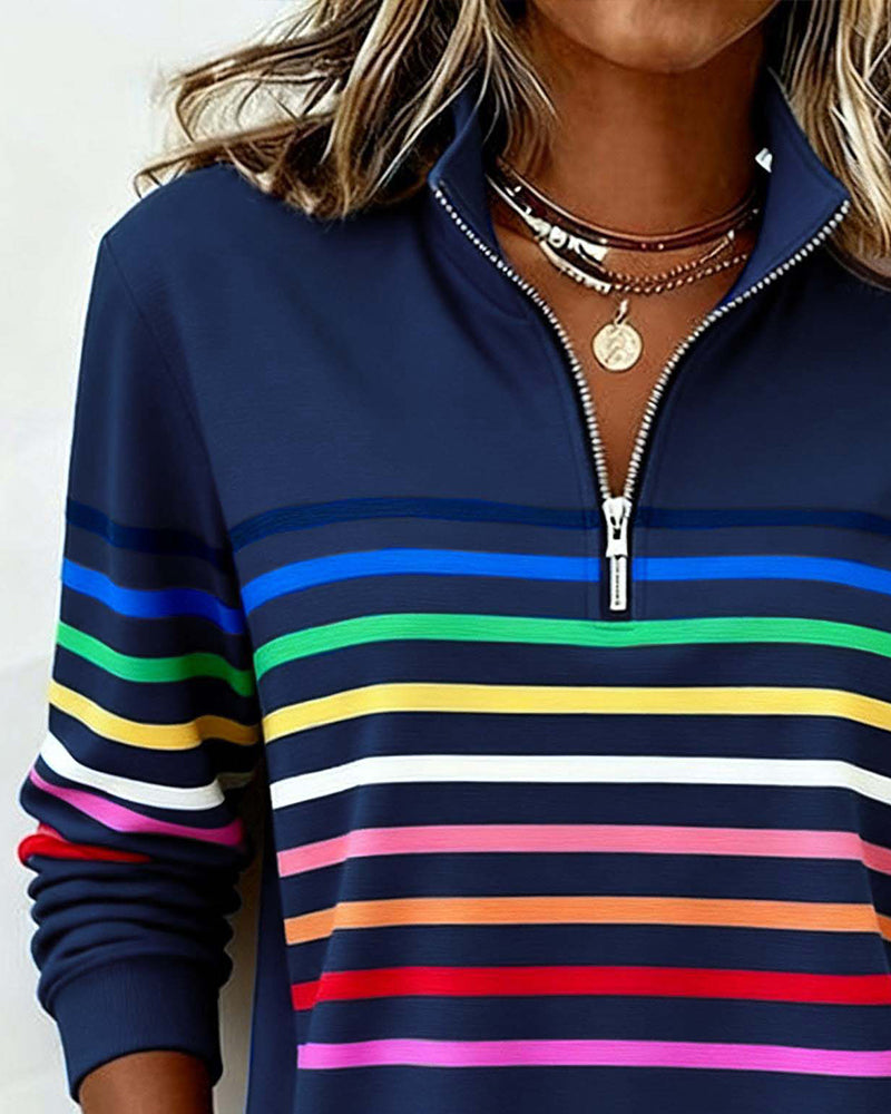 Casual women's zipper top, featuring a trendy colorful design and long sleeves for comfortable spring/fall wear.