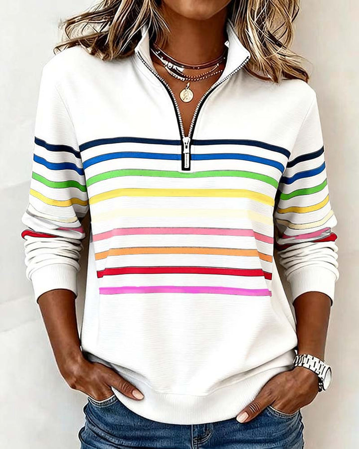 Comfortable loose-fit women's top, a colorful zipper design with long sleeves for trendy spring & fall fashion.