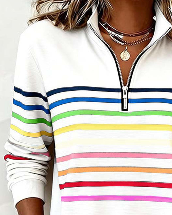 Trendy women's colorful long-sleeve zipper blouse, a casual and comfortable top for everyday fashion.