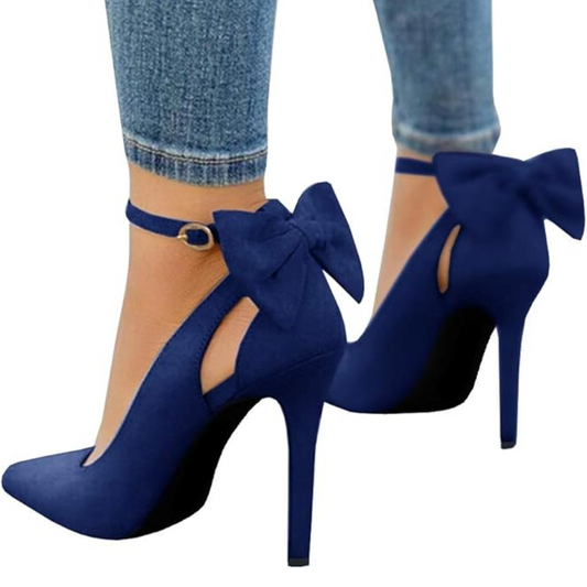 Women's trendy high heels with elegant bow, pointed toe, and secure ankle strap. Perfect party pumps.