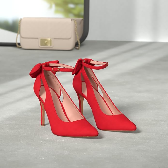 Chic formal women's heels with a pointed toe, an eye-catching bow, and a secure ankle strap.