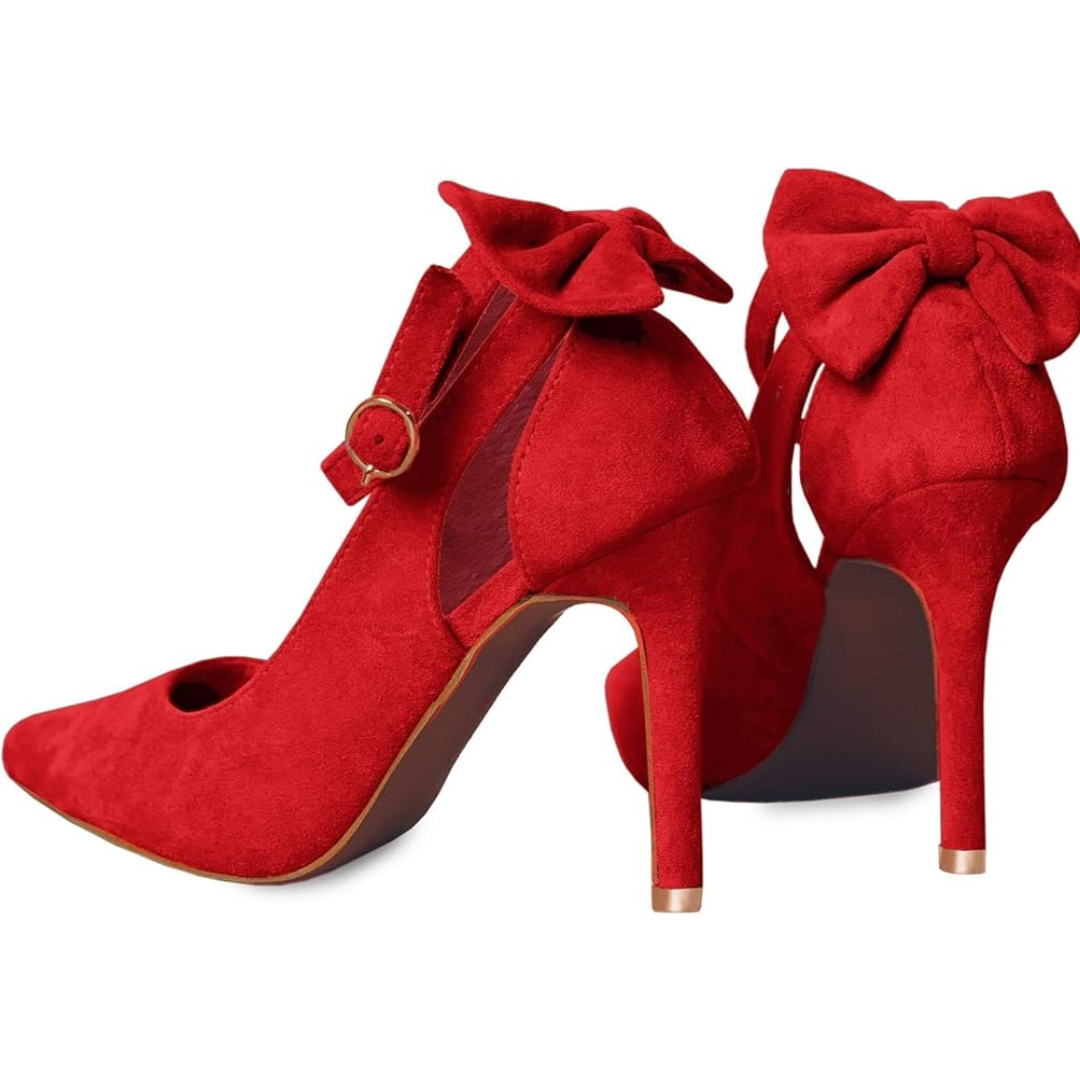 Women's high-fashion evening heels, featuring a sophisticated bow, pointed toe, and slender ankle strap.