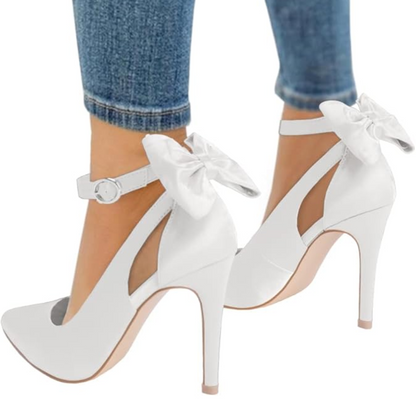 Stylish women's stiletto heels featuring a chic bow detail, pointed toe, and comfortable ankle strap.