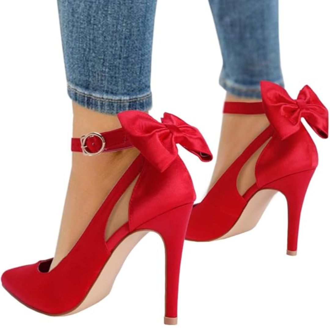 Elegant Hailey pump heels for women, with a sophisticated bow, pointed toe, and adjustable ankle strap.