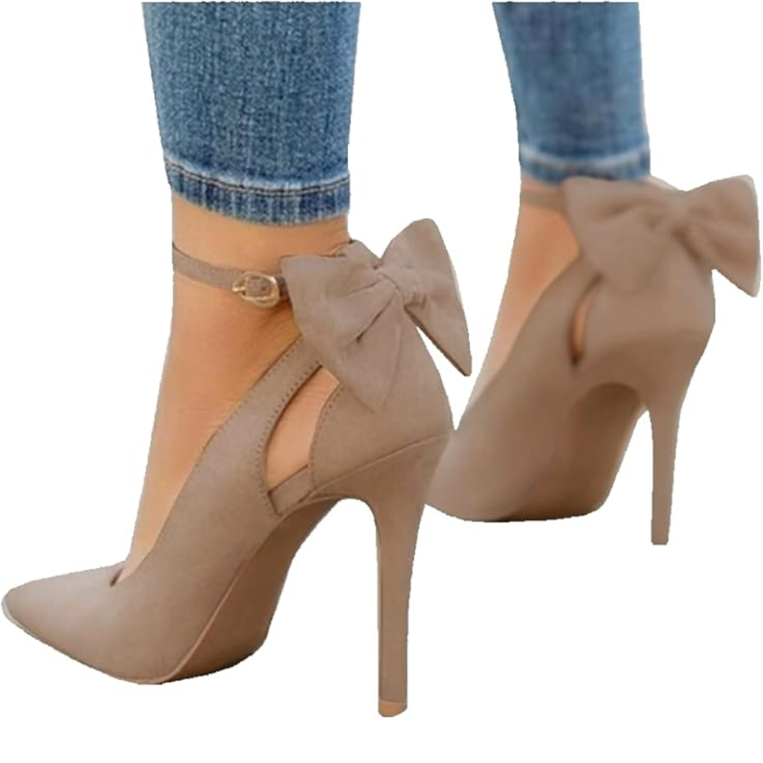 Formal women's stiletto heels, featuring an elegant bow, pointed toe, and a secure ankle strap for events.