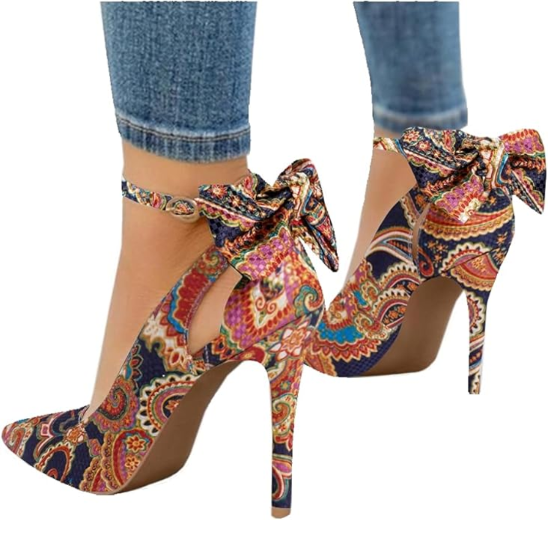 Fashionable women's party heels, pointed toe pumps with a charming bow and supportive ankle strap.