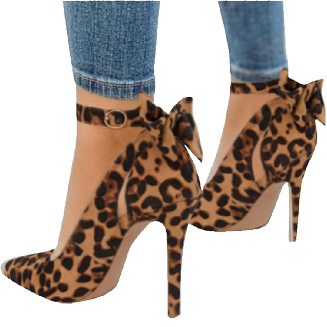 Hailey high heels for women, a stiletto design with an elegant bow, pointed toe, and secure ankle strap.