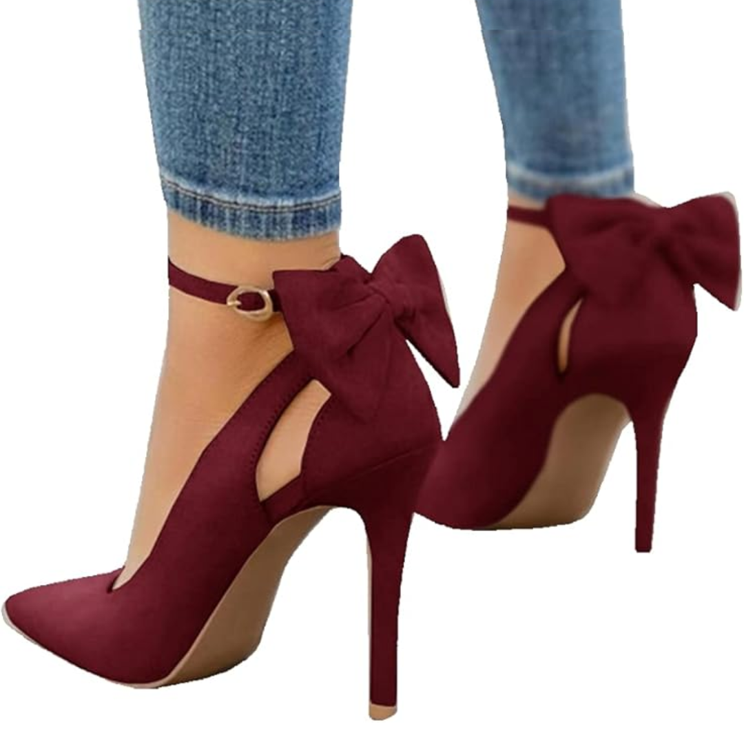 Women's elegant high heels, perfect for parties, with a chic bow, pointed toe, and comfortable ankle strap.