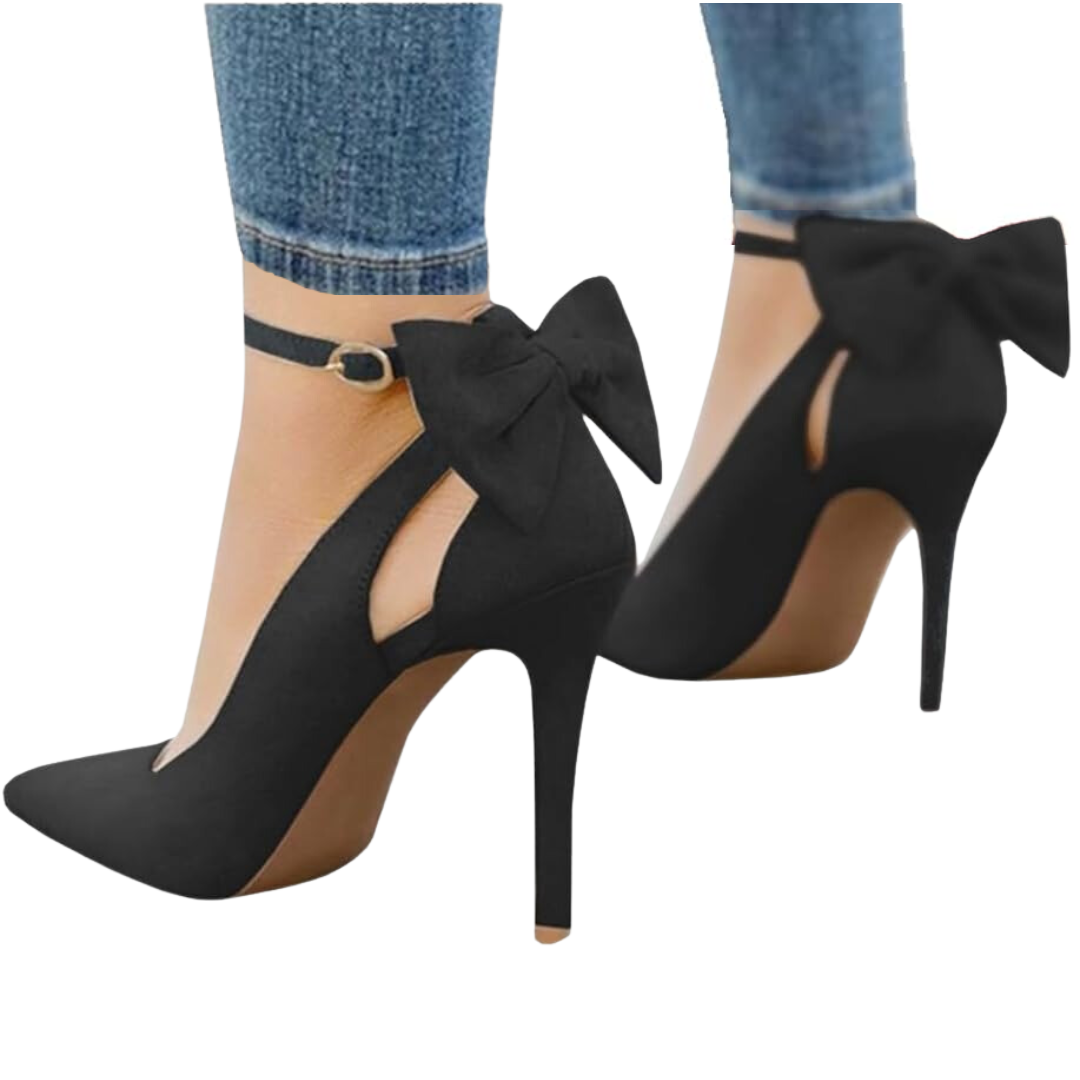 Trendy women's stiletto pumps: pointed toe, elegant bow detail, and a fashionable ankle strap.