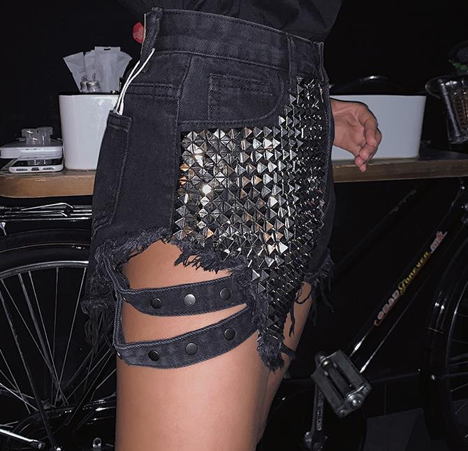 Bestselling women's trendy rivet shorts. Stylish summer fashion bottoms for casual, everyday warm weather wear.