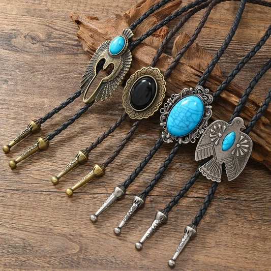 Women's tribal-inspired bolo tie with leather cord & decorative stone slider.