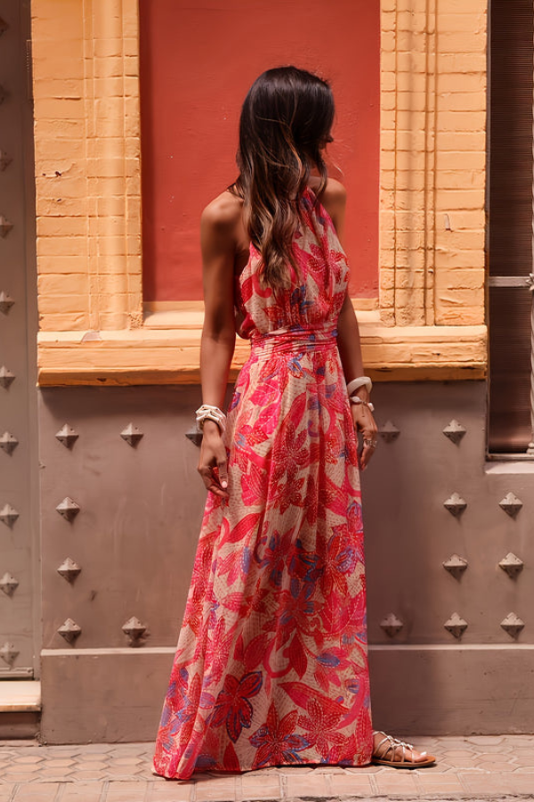 Women's tropical halter keyhole maxi dress, perfect for vacation or summer resort wear.