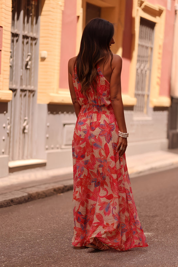 Flowy tropical print halter maxi dress featuring a chic keyhole neckline, resort wear essential.