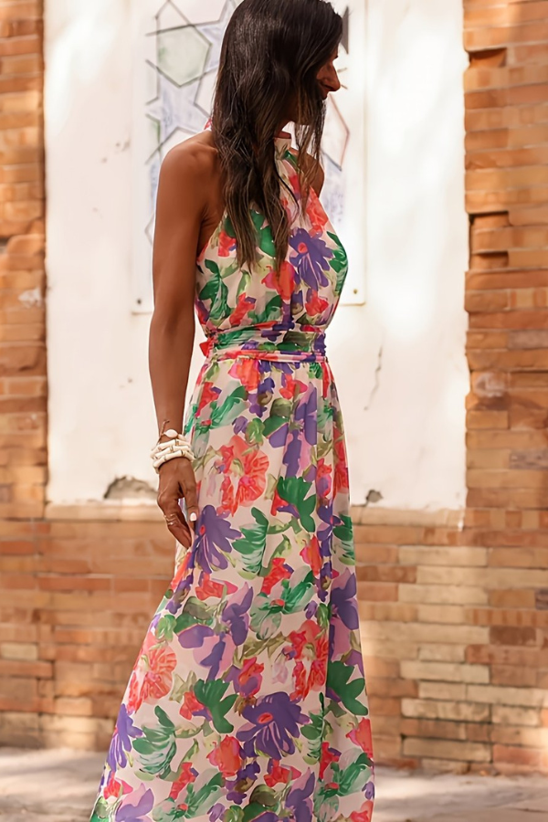 Comfortable women's tropical halter maxi dress, flowy fabric & keyhole detail for vacation.