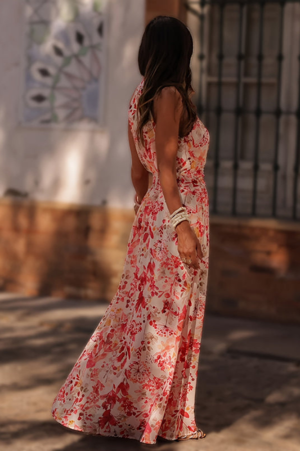 Stylish tropical print halter keyhole maxi dress for women, perfect for summer vacations.