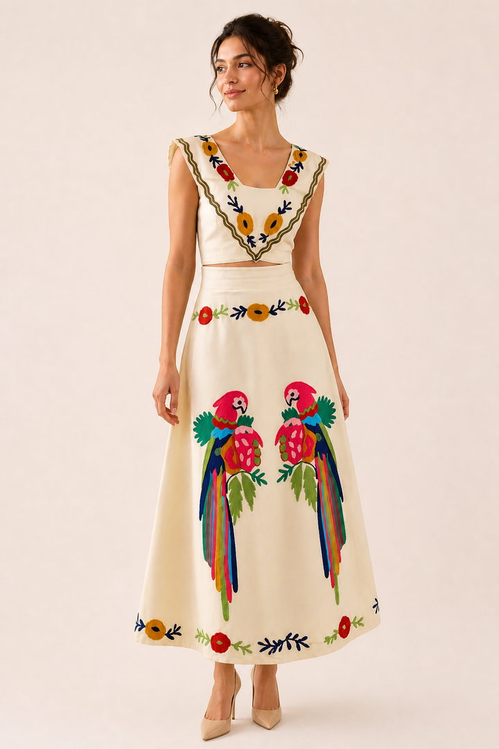 Women's tropical print crop top & flowing maxi skirt set. Perfect summer outfit for beach, vacation, or resort wear.