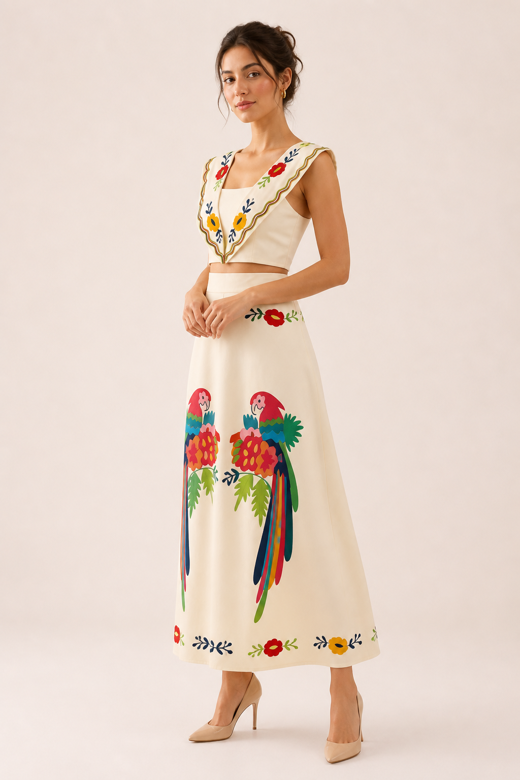 Elegant women's two-piece tropical crop top and maxi skirt set. Ideal for summer vacation or casual resort wear.