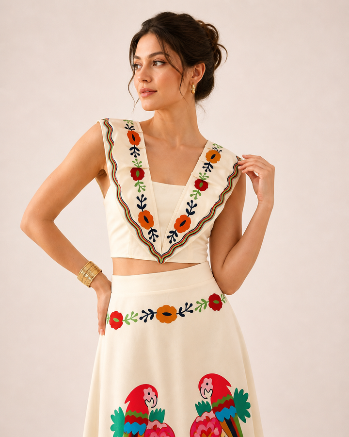 Chic women's tropical print crop top & maxi skirt set. A travel-friendly summer outfit for elegant beach looks.
