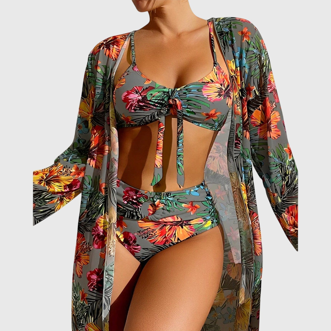 Vibrant floral tropical print bikini set, perfect women's swimwear for summer vacation.