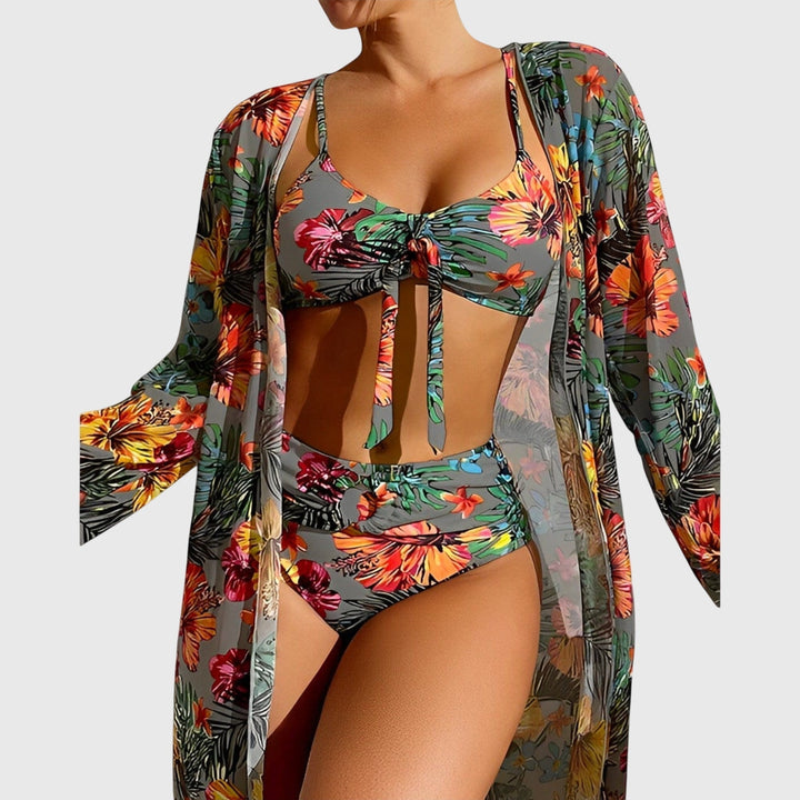 Vibrant floral tropical print bikini set, perfect women's swimwear for summer vacation.