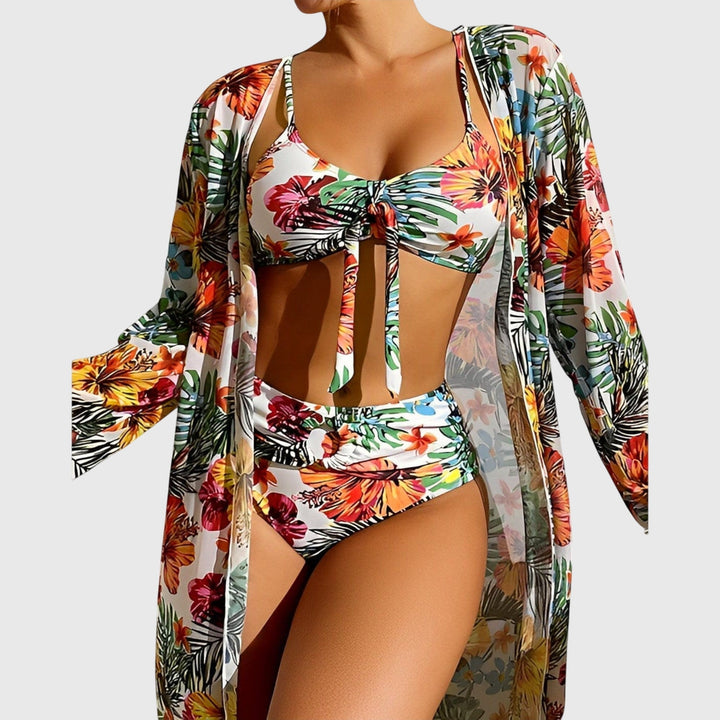 Flattering two-piece tropical bikini for women, ideal beachwear & vacation outfit.