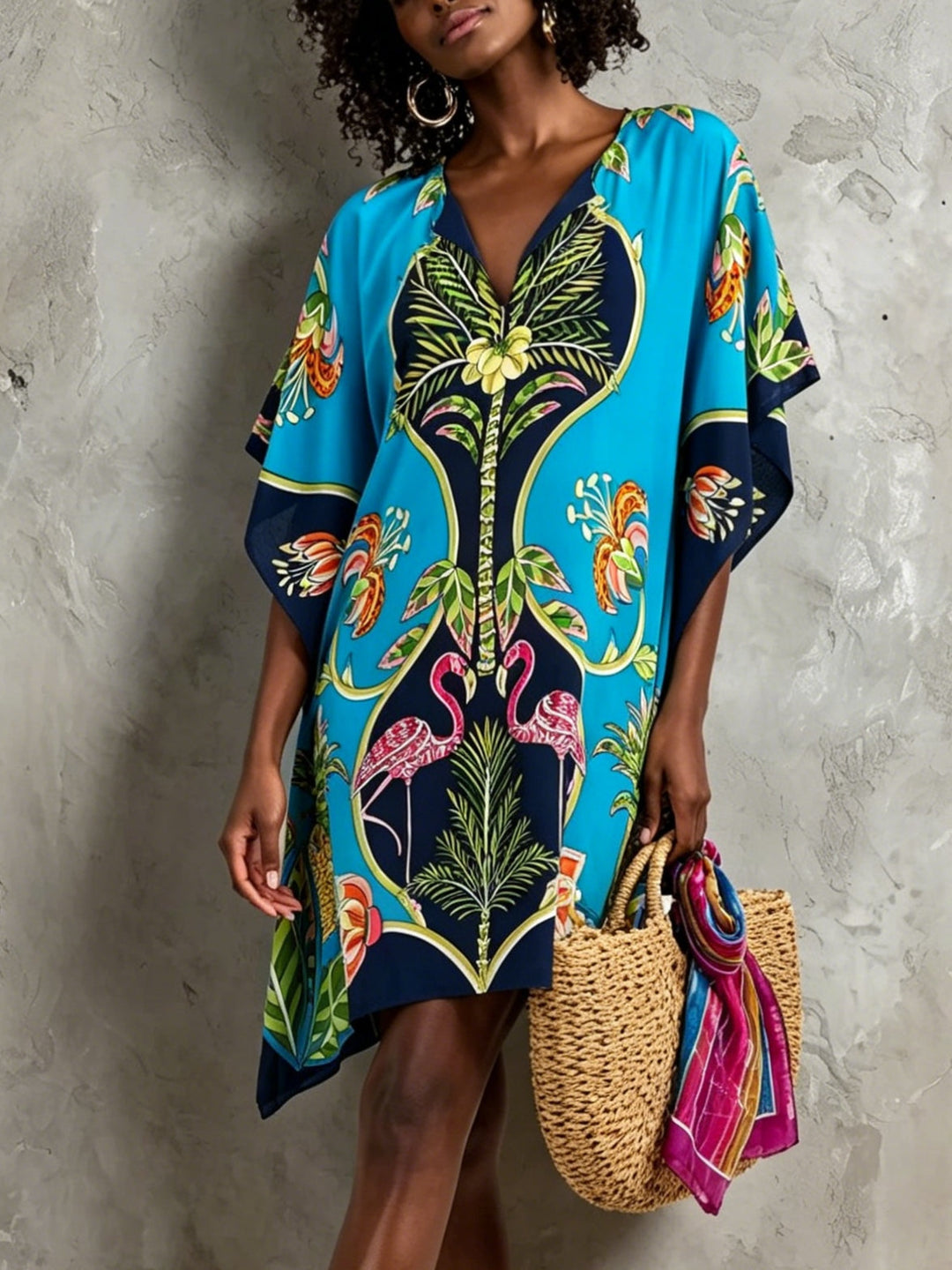 Women's tropical print V-neck kaftan midi dress, perfect for resort wear & summer vacation.