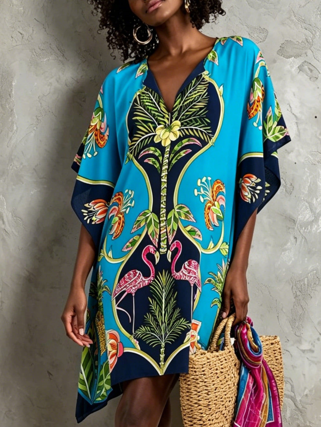 Women's elegant V-neck tropical kaftan midi dress with comfortable batwing sleeves, resort & beach ready.