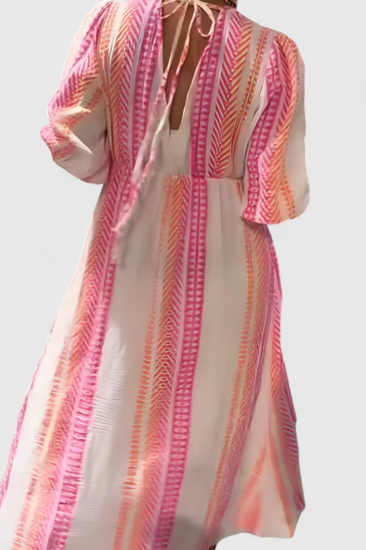 Summer tropical stripe V-neck maxi dress with chic puff sleeves and an empire waist for women's fashion.