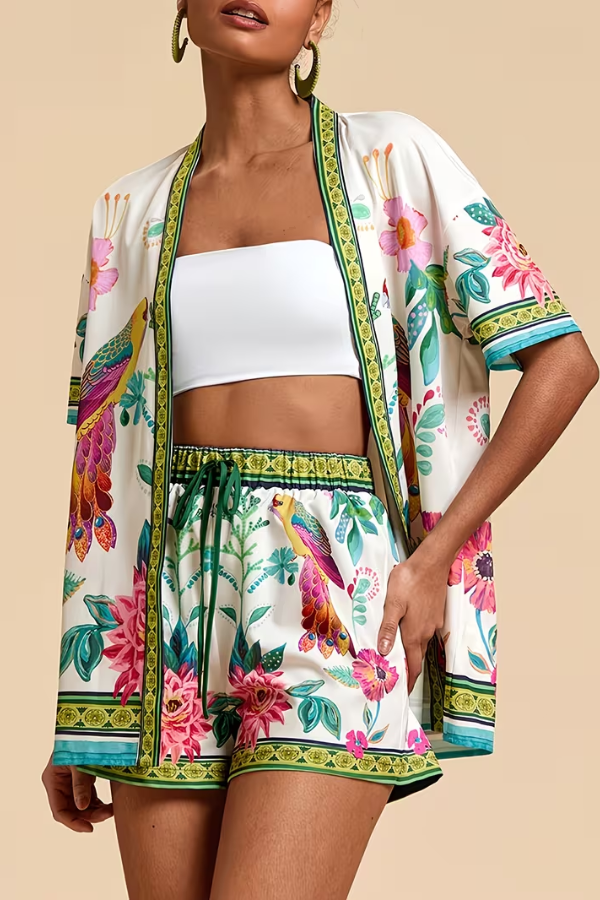 Tropical floral print two-piece set, ideal for women's summer vacation, beach, or resort wear.