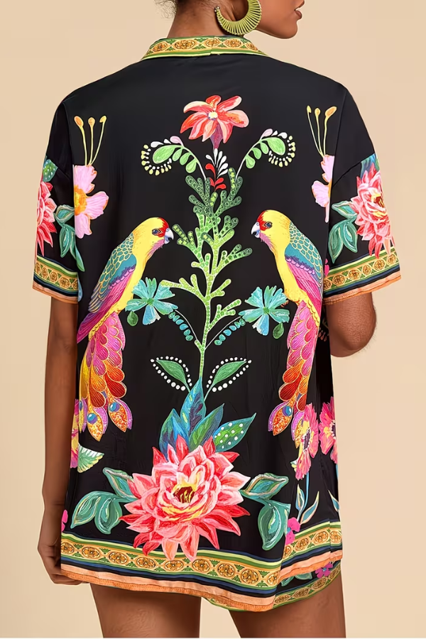 Floral print women's two-piece summer outfit, a tropical matching set for beach days and vacation.
