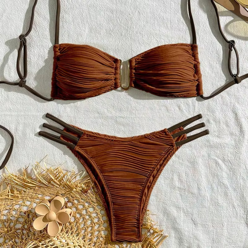 Women's Tulum Ruched Bandeau Bikini Set, stylish boho two-piece swimsuit for beach & swim.