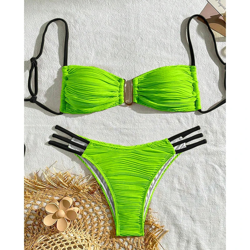 Flattering women's ruched bandeau bikini set, Tulum inspired two-piece swimsuit for sun.