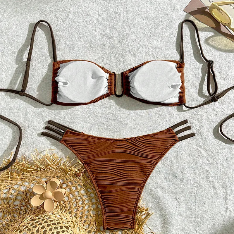 Boho women's ruched bandeau bikini top, part of a chic Tulum two-piece swimsuit set.