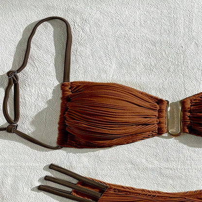 Women's Tulum bikini set featuring a flattering ruched bandeau top & matching swim bottom.