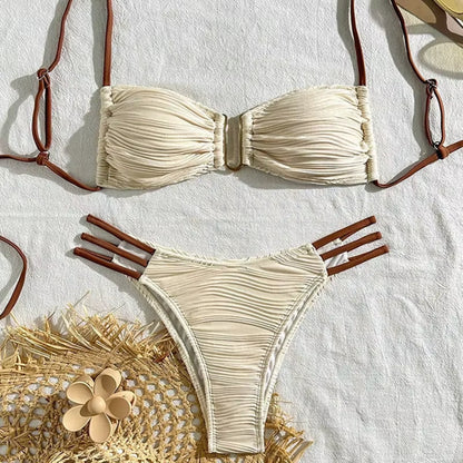 Full view of women's Tulum Ruched Bandeau Bikini Set, a trendy two-piece swimsuit for beach.