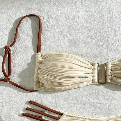 Women's boho bandeau bikini set, Tulum style with ruched details for ultimate beach fashion.
