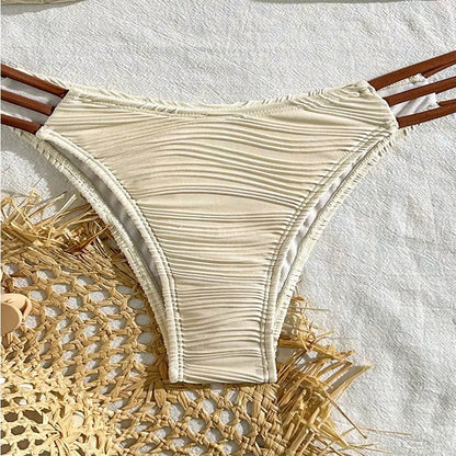 High-quality women's ruched bandeau bikini set, Tulum inspired two-piece swimwear.
