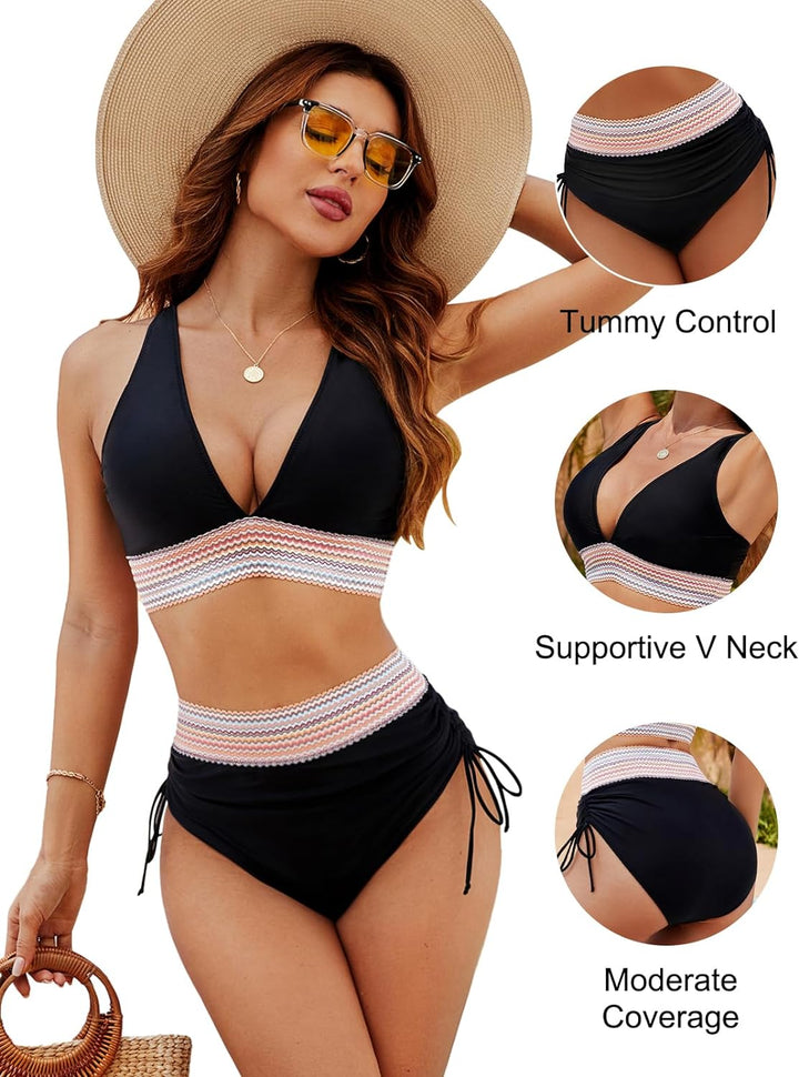 Side profile of a flattering women's tummy control high-waist bikini swimwear.