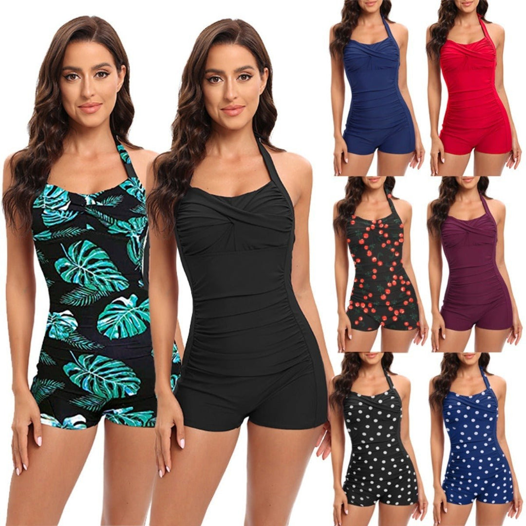 Women's Tummy Control One-Piece Swimsuit in sporty boyshort style, perfect for active beach days.