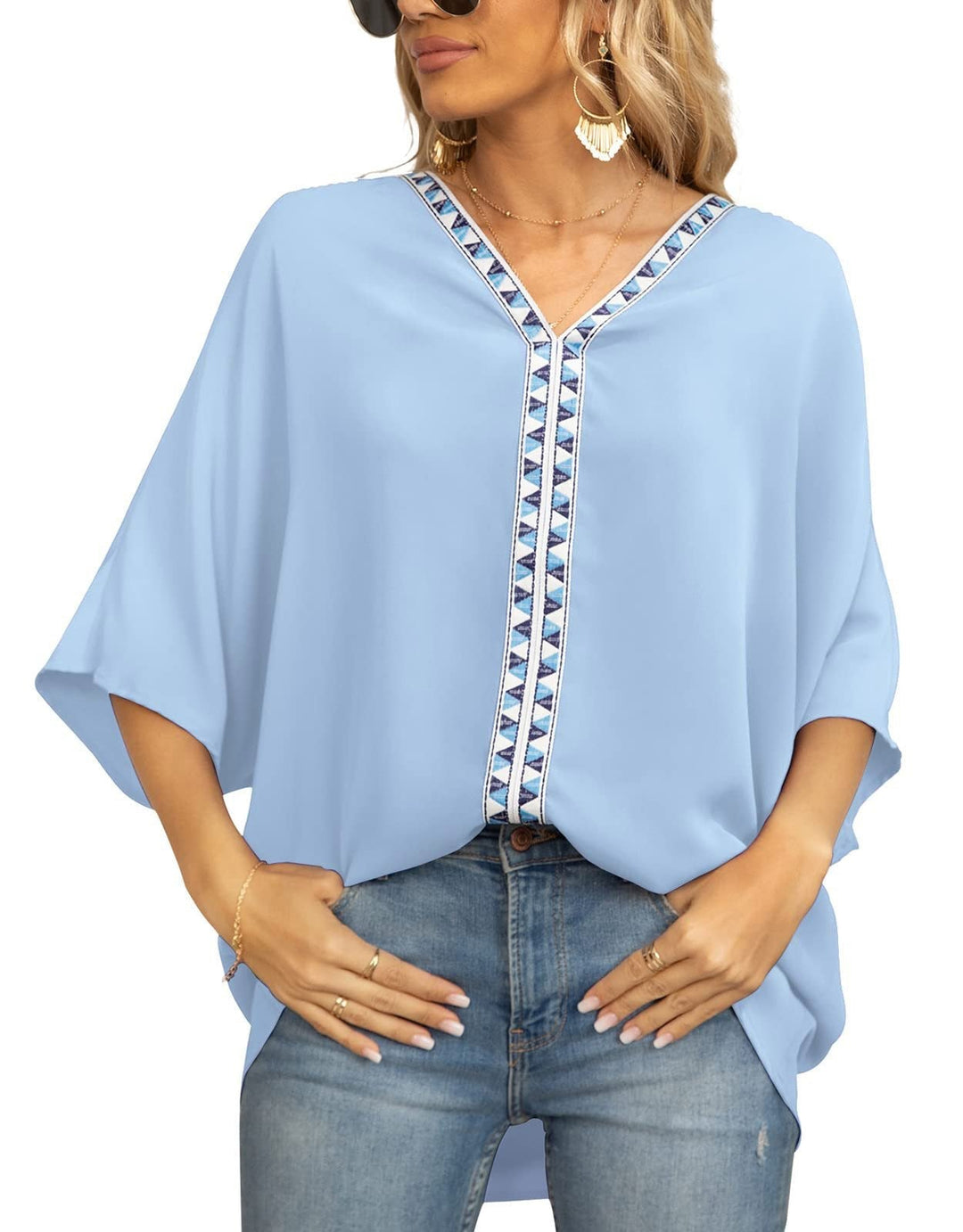 Women's half sleeve tunic top, geometric V-neck. Relaxed fit for casual wear and effortless comfort.