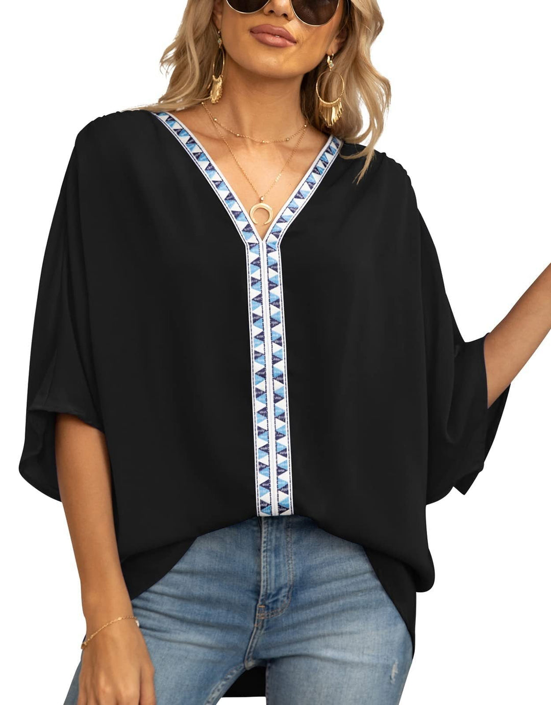 Geometric V-neck women's tunic top, half sleeve, relaxed fit. Effortless comfort for daily wear.