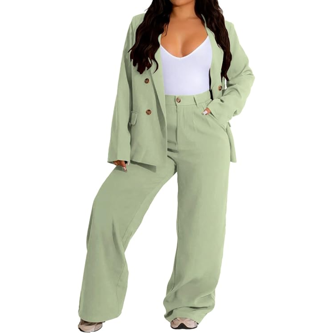 Women's two-piece blazer & wide trousers business suit. Elegant, professional office wear.
