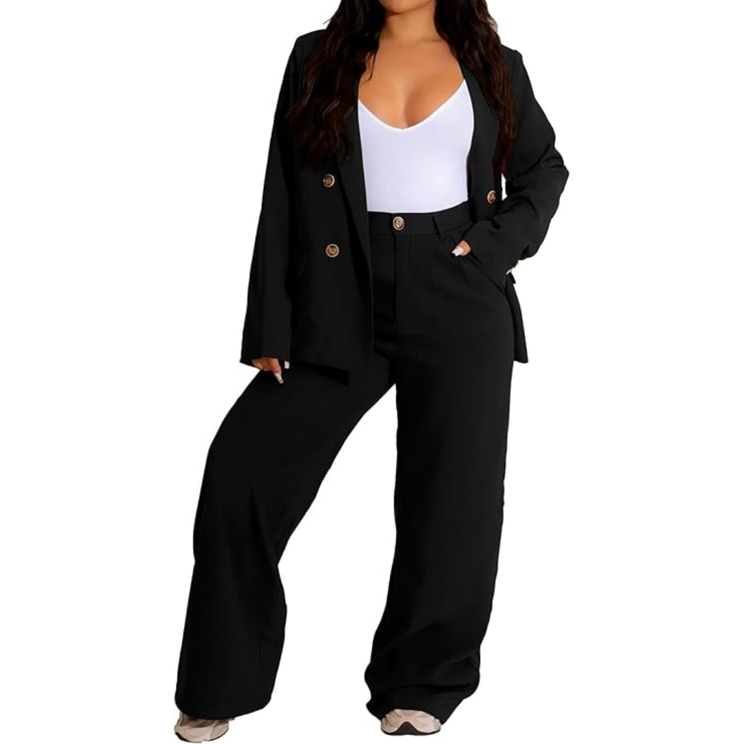 Comfortable & stylish women's business suit: blazer & wide leg trousers. Professional office fashion.