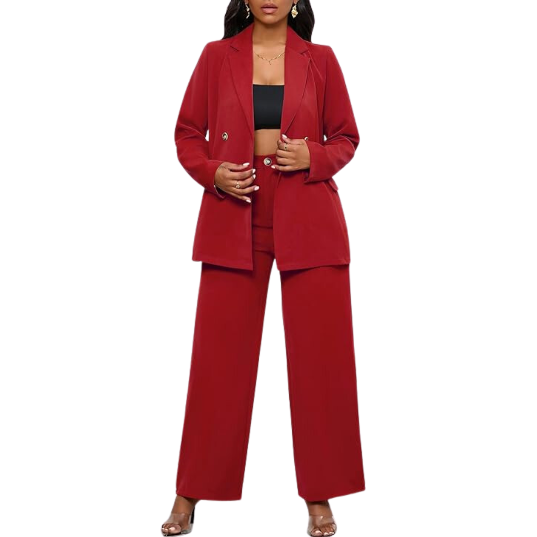 Elegant women's business suit. Two-piece blazer & wide leg pants, perfect for professional attire.