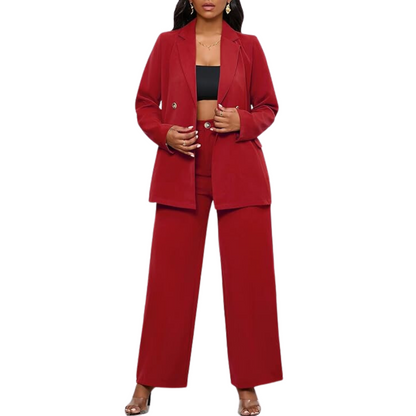 Elegant women's business suit. Two-piece blazer & wide leg pants, perfect for professional attire.