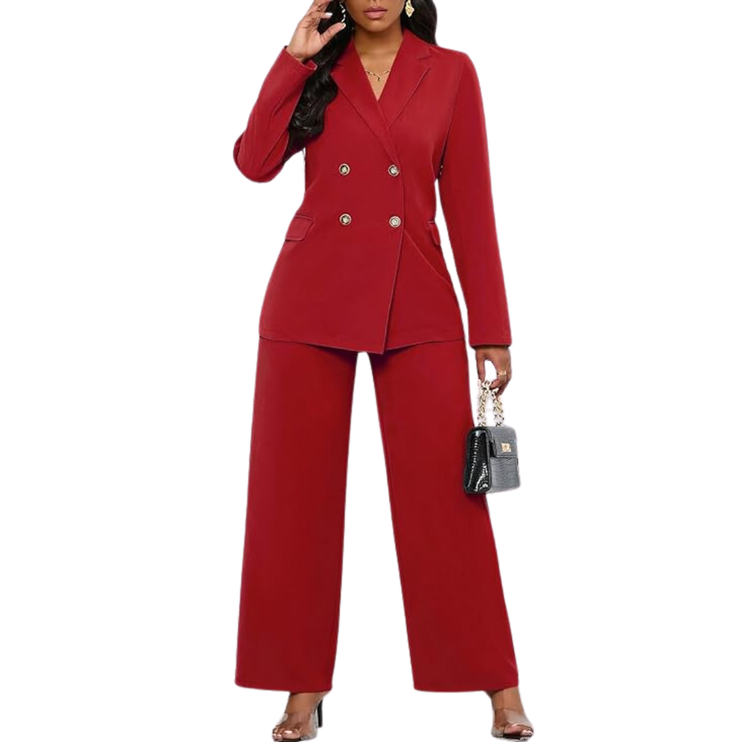 Women's office fashion suit: a professional blazer & wide leg trousers. Two-piece business attire.