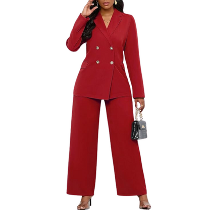 Women's office fashion suit: a professional blazer & wide leg trousers. Two-piece business attire.