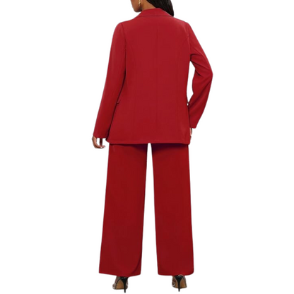 Close-up: elegant women's two-piece business suit, showcasing blazer & wide leg trousers' fabric.