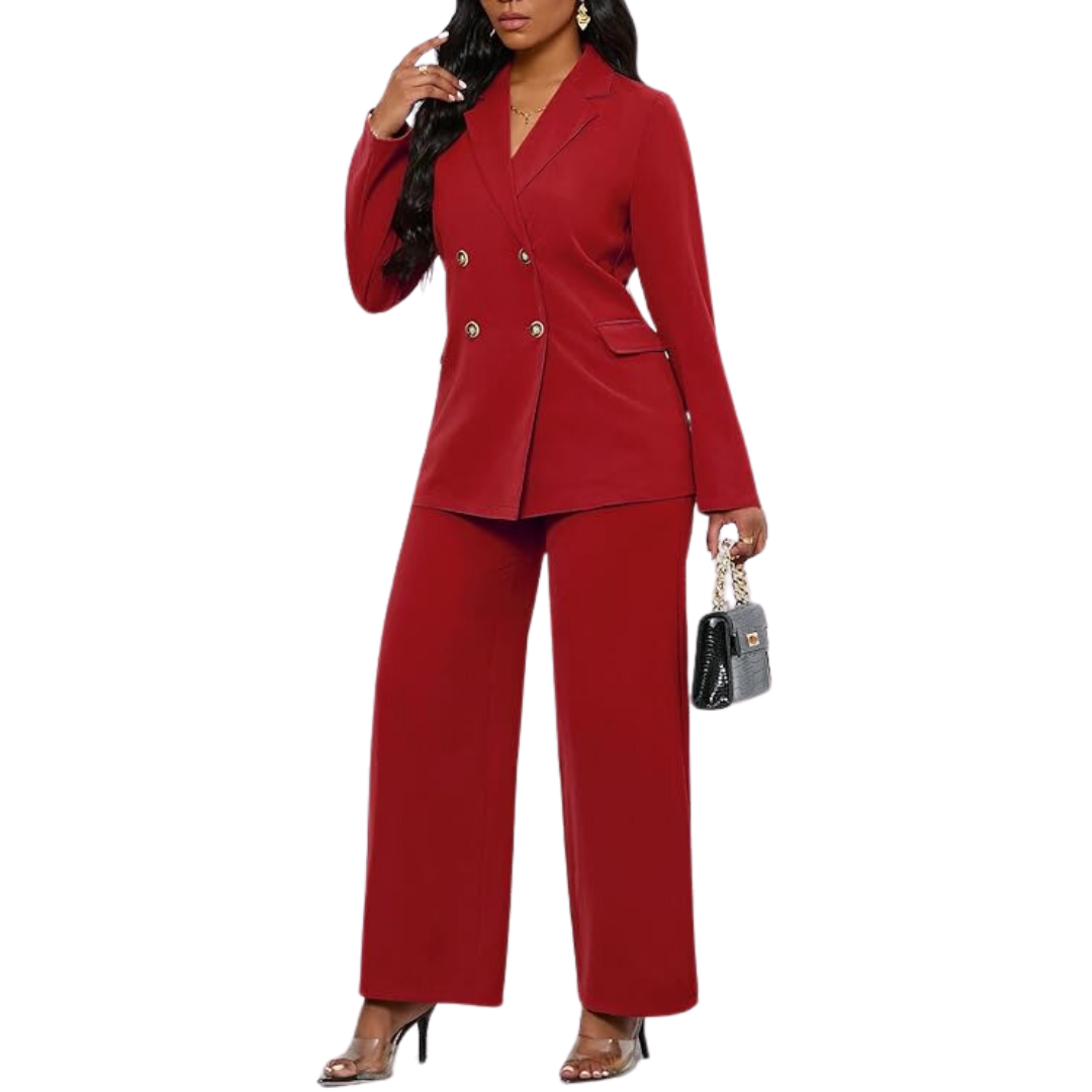 Full length shot of women's two-piece business suit: elegant blazer & wide leg trousers outfit.